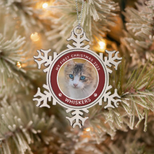 Ornement Flocon De Neige Nom de la première photo de chat de Noël Empreinte