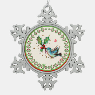Ornement Flocon De Neige Oiseau bleu mignon avec le houx vert et rouge