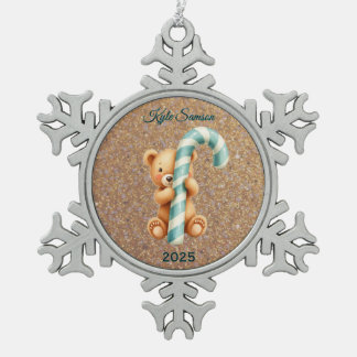 Ornement Flocon De Neige Ours En Teddy Et Sucre de canne Bleu Personnalisé