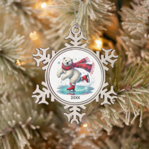Ornement Flocon De Neige Ours polaire de patinage sur glace festif ajouter