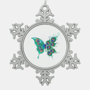 Ornement Flocon De Neige Papillon aux plumes de paon vert