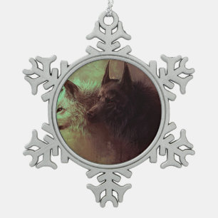 Ornement Flocon De Neige Peinture de loup noir et de loup blanc.