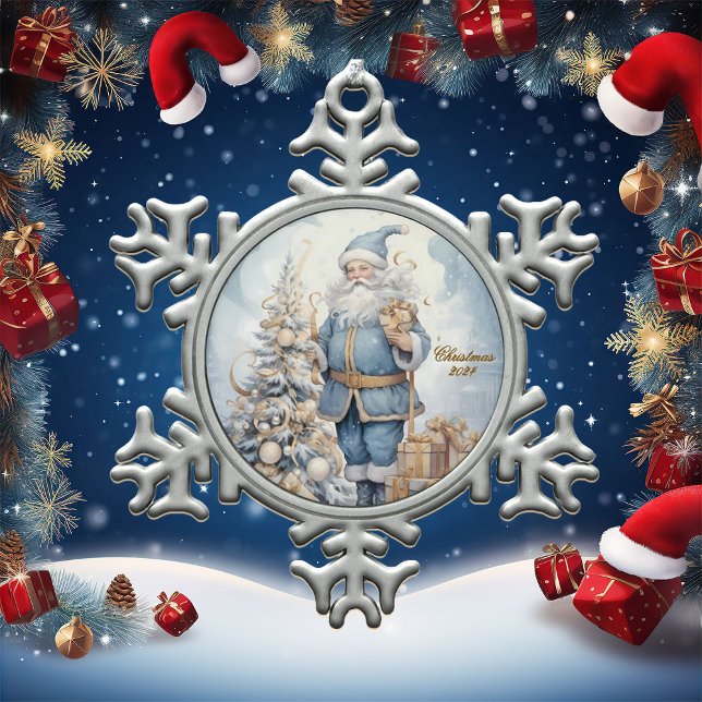 Ornement Flocon De Neige Père Noël En Bleu Avec Cadeaux D'Or Hiver (Créateur téléchargé)