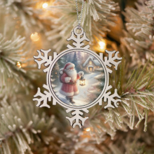 Ornement Flocon De Neige Père Noël Lantern Walk Winter Cottage Scène