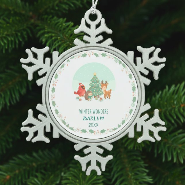 Ornement Flocon De Neige Personalized Woodland Friends  (Personalized Woodland Friends Snowflake Pewter Christmas Ornament)