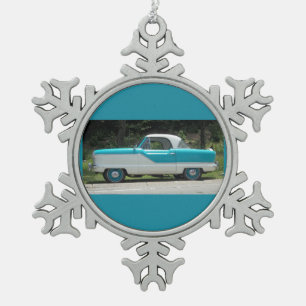 Ornement Flocon De Neige Petite voiture classique mignonne bleue de