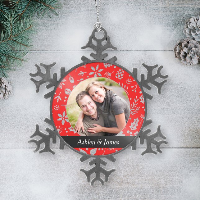 Ornement Flocon De Neige Photo de couple Red Holiday Foliage (Créateur téléchargé)