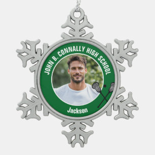 Ornement Flocon De Neige Photo de joueur de crosse vert au lycée