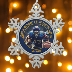 Ornement Flocon De Neige Photo de joueur de football lycéen Navy Blue Gold