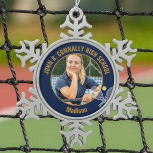 Ornement Flocon De Neige Photo de joueur de tennis Navy Blue Gold Lycée