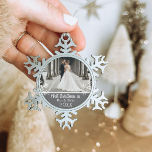 Ornement Flocon De Neige Photo de mariage personnalisé gris premier Noël M.