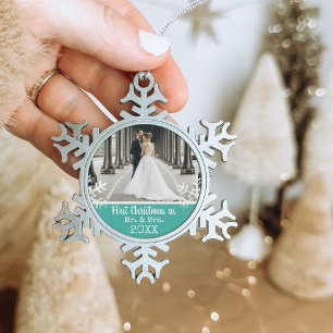 Ornement Flocon De Neige Photo de mariage personnalisé Noël teal premier No