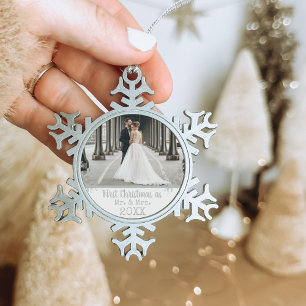 Ornement Flocon De Neige Photo de mariage personnalisé Premier Noël en tant