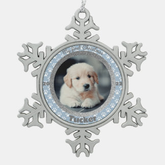 Ornement Flocon De Neige Photo de Noël du premier chiot avec empreinte de p