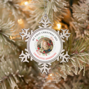 Ornement Flocon De Neige Photo du prénom personnalisé de Noël du bébé