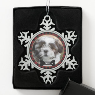Ornement Flocon De Neige Photo personnalisé de l'animal familier Plaid roug