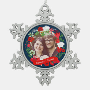Ornement Flocon De Neige Photo personnalisée de la couronne fleurie Chevron