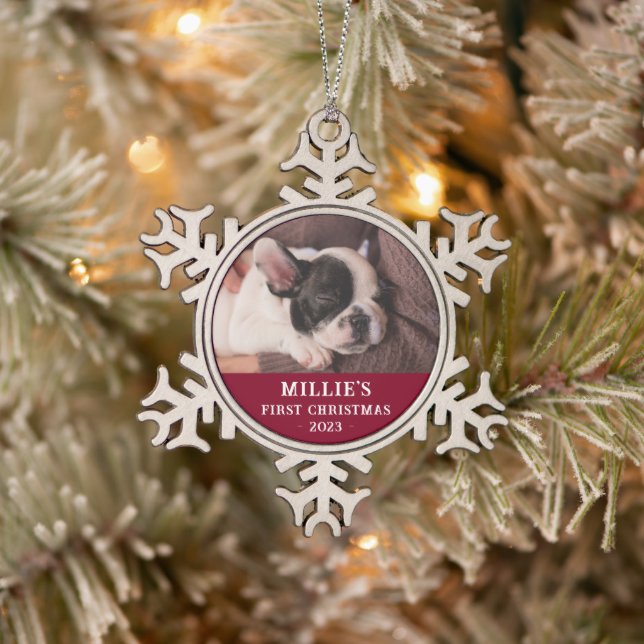 Ornement Flocon De Neige Photo personnalisée Red First Christmas Puppy (Arbre)