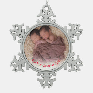 Ornement Flocon De Neige Photo Twins Red Babys First Christmas
