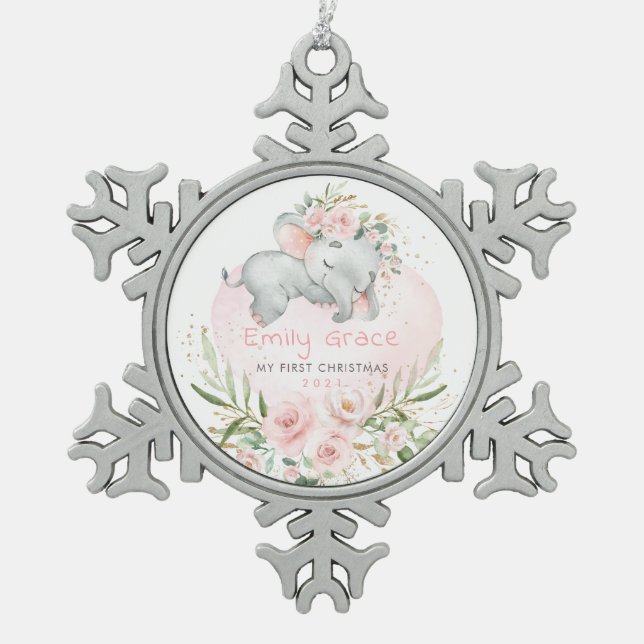 Ornement Flocon De Neige Pink Roses Elephant Baby 1st First Christmas (Devant)