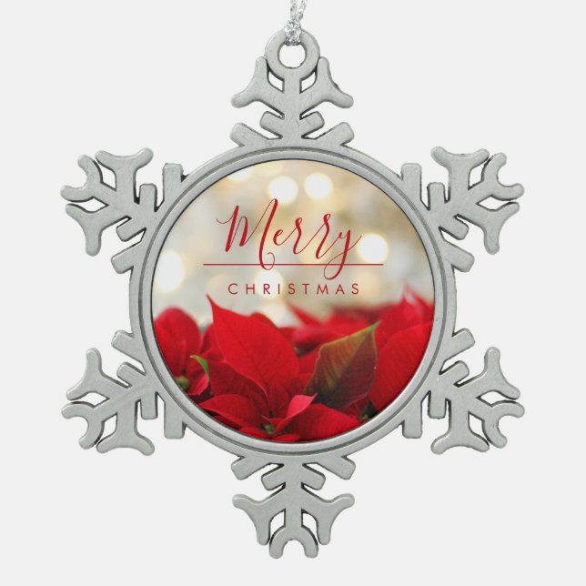 Ornement Flocon De Neige Poinsettias rouges avec Golden Bokeh Noël (Devant)
