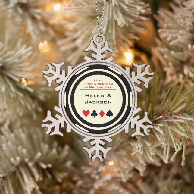 Ornement Flocon De Neige Poker Chip First Christmas Mr & Mrs Black Cream (Arbre)