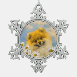 Ornement Flocon De Neige Poméranien dans Daisies Peinture - Art Chien origi