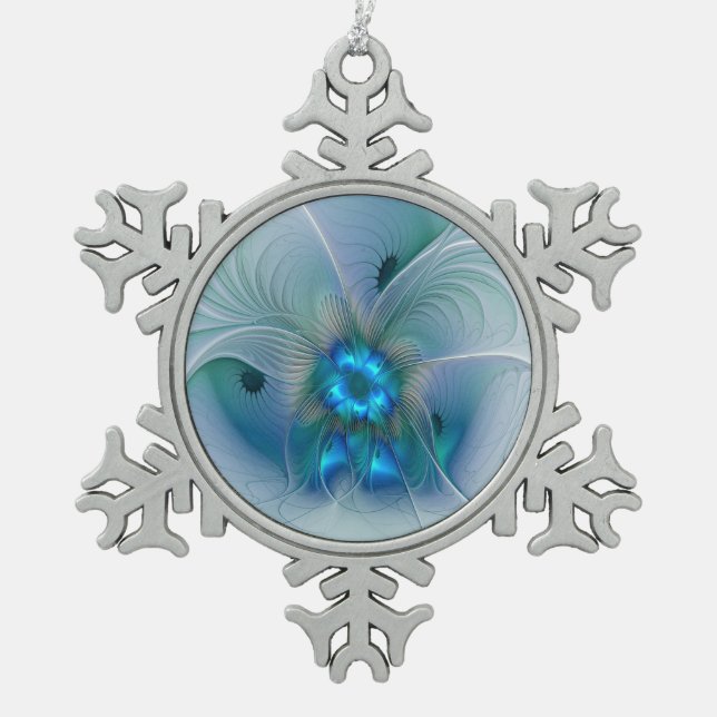 Ornement Flocon De Neige Position, Abstrait bleu turquoise fractal (Devant)