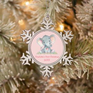 Ornement Flocon De Neige Premier Noël de bébé Éléphant aquarelle rose