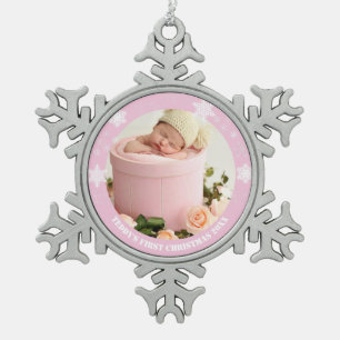Ornement Flocon De Neige Premier Noël du bébé rose mou