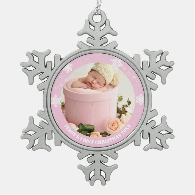 Ornement Flocon De Neige Premier Noël du bébé rose mou (Devant)