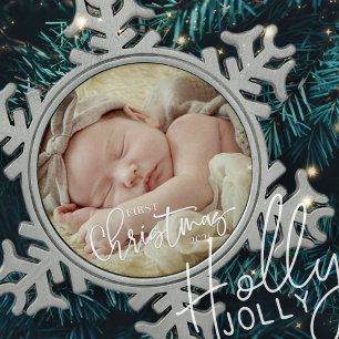 Ornement Flocon De Neige Premier Noël Simple Script personnalisé photo bébé