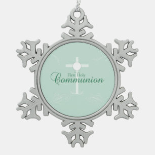 Ornement Flocon De Neige Première Communion sainte, Script en vert tendre