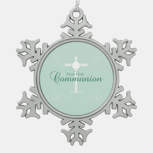 Ornement Flocon De Neige Première Communion sainte, Script en vert tendre (Devant)