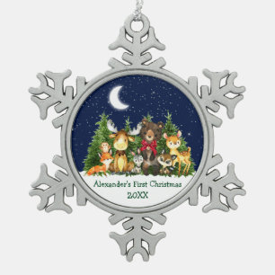 Ornement Flocon De Neige Première forêt de Noël de bébé Animaux Bow ro