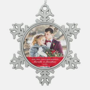 Ornement Flocon De Neige Première Noël Marié blanc Script photo