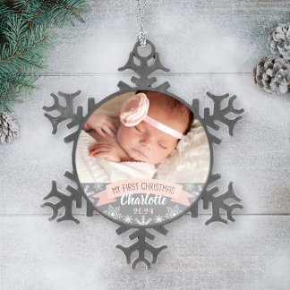 Ornement Flocon De Neige Première photo de Noël Blush rose Baby Girl