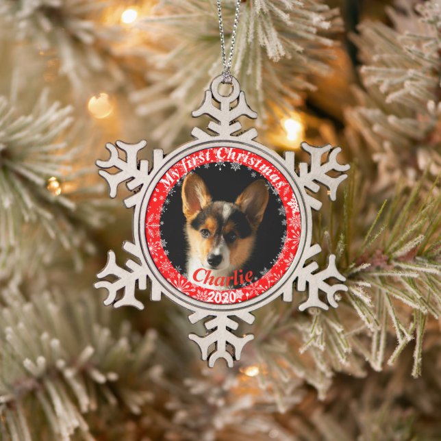 Ornement Flocon De Neige Première photo de Noël de la chienne (Arbre)
