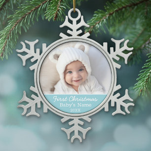 Ornement Flocon De Neige Première photo de Noël du bébé - Arrière - plan de