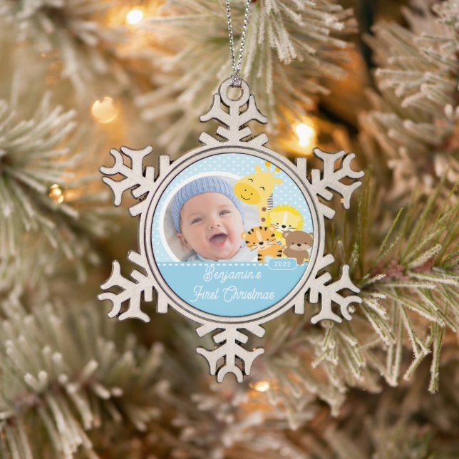 Ornement Flocon De Neige Première photo de Noël du bébé girafe (Arbre)
