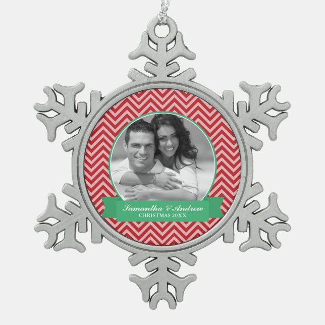 Ornement Flocon De Neige Red Chevrons Motif Photo personnalisée (Devant)