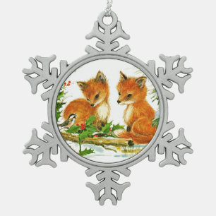 Ornement Flocon De Neige Renard et oiseau Profitez de la neige de Noël