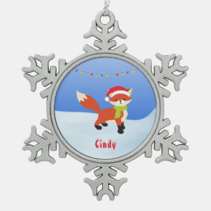 Ornement Flocon De Neige Renard neige mignon à Santa Hat