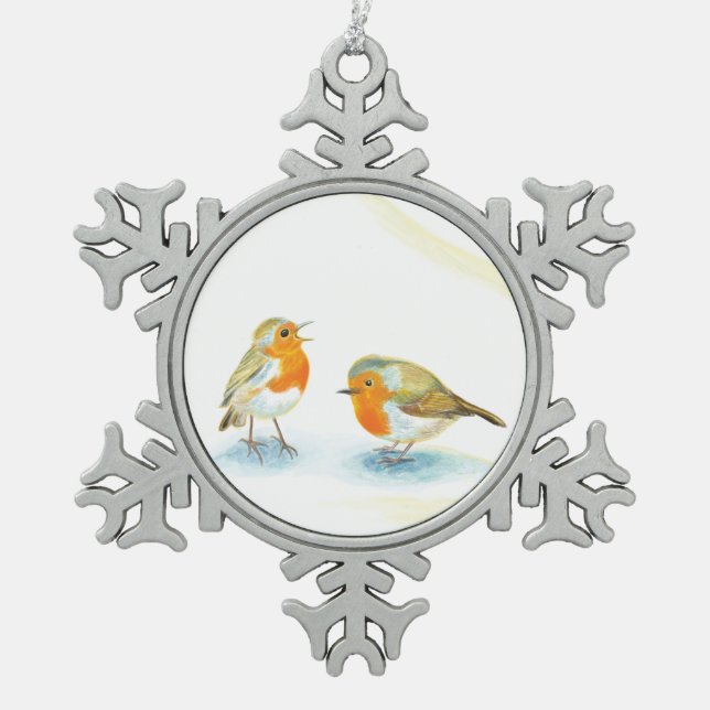 Ornement Flocon De Neige Robins rouges en hiver (Devant)