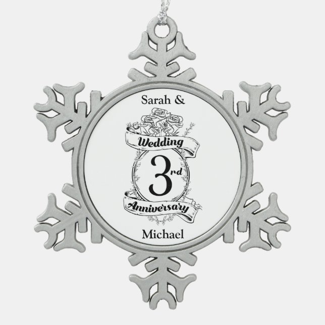 Ornement Flocon De Neige Roses et vignes Romantique 3e anniversaire Mariage (Devant)