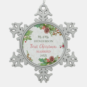 Ornement Flocon De Neige Rustic Newlywees 1er Noël Milestone Keepsaké
