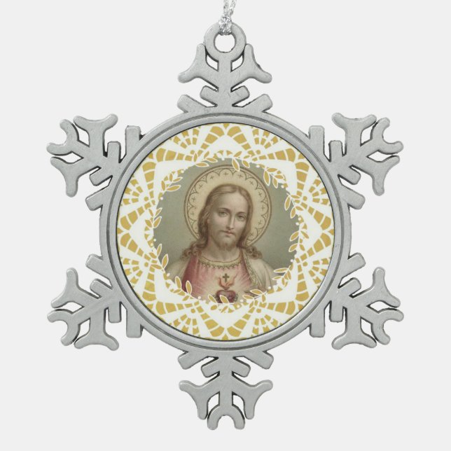 Ornement Flocon De Neige Sacré Coeur de Jésus Frontière Or (Devant)