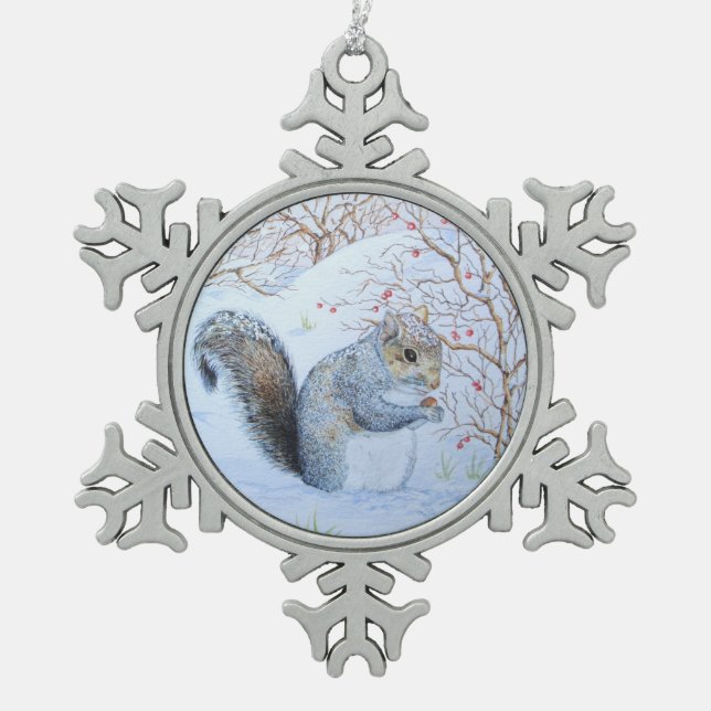 Ornement Flocon De Neige scène de neige d'écureuil gris (Devant)