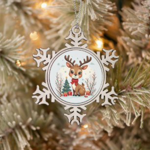 Ornement Flocon De Neige Scène mignonne de rennes de Noël dans une forêt en