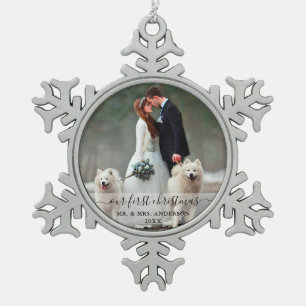 Ornement Flocon De Neige Script élégant Notre première photo Mariage de Noë